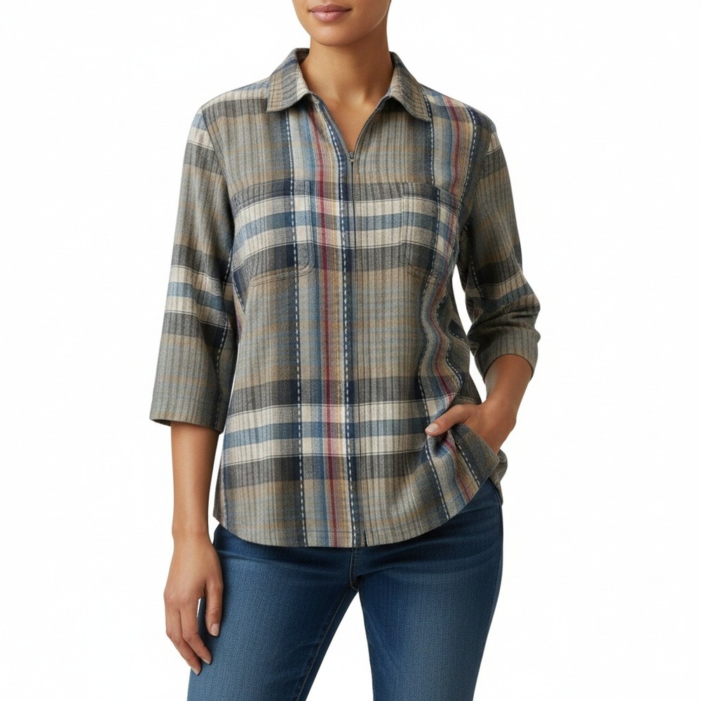 Lemon Grass Womens Zip Up Plaid Jacket Cotton Casual Lightweight Large